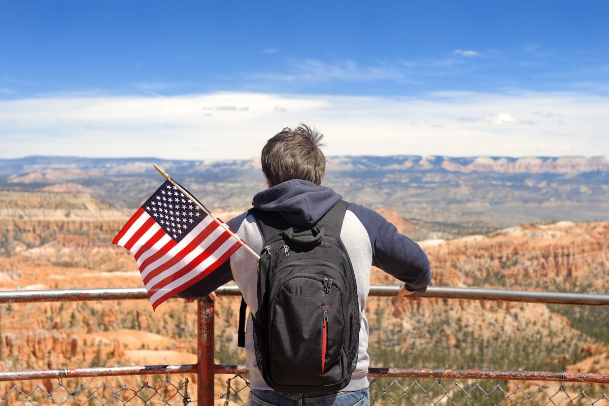Person overlooking national park with American flag
